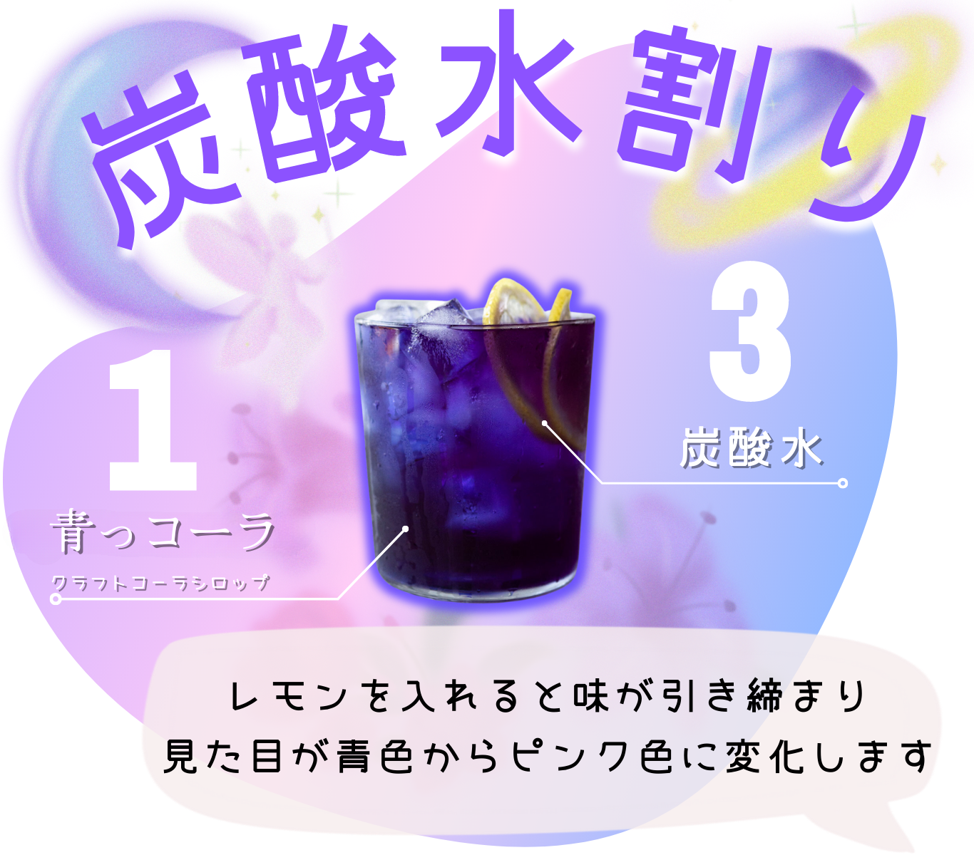 ブルーコーラ 青コーラ 青い 色 ブルー
女性におすすめ!リラックスできるブルーコーラ・青コーラが新登場。
美濃加茂産バタフライピーを贅沢に使用し、目で見て癒される青、心が落ち着く青い色合いが特徴のクラフトコーラシロップです。
ブルーの透き通った美しい色は、レモンなど柑橘系を加えるとピンクや紫に変化。
鮮やかなブルーコーラの青い色がカラフルに変わる様子は、飲む前から楽しめます。
ラベンダーの香りが広がる青コーラは、疲れた心と体をやさしく包み込み、ノンカフェインだから就寝前やお風呂上がりにも安心。
ホットで味わえば、深い香りとまろやかな口当たりが心地よい眠りへと誘います。
女子会やプレゼントにも最適なブルーコーラ。
「おいしい」「美味しい」「うまい」と評判の青コーラは、カフェイン量を気にする方にもぴったりの爽やかなブルージュースです。